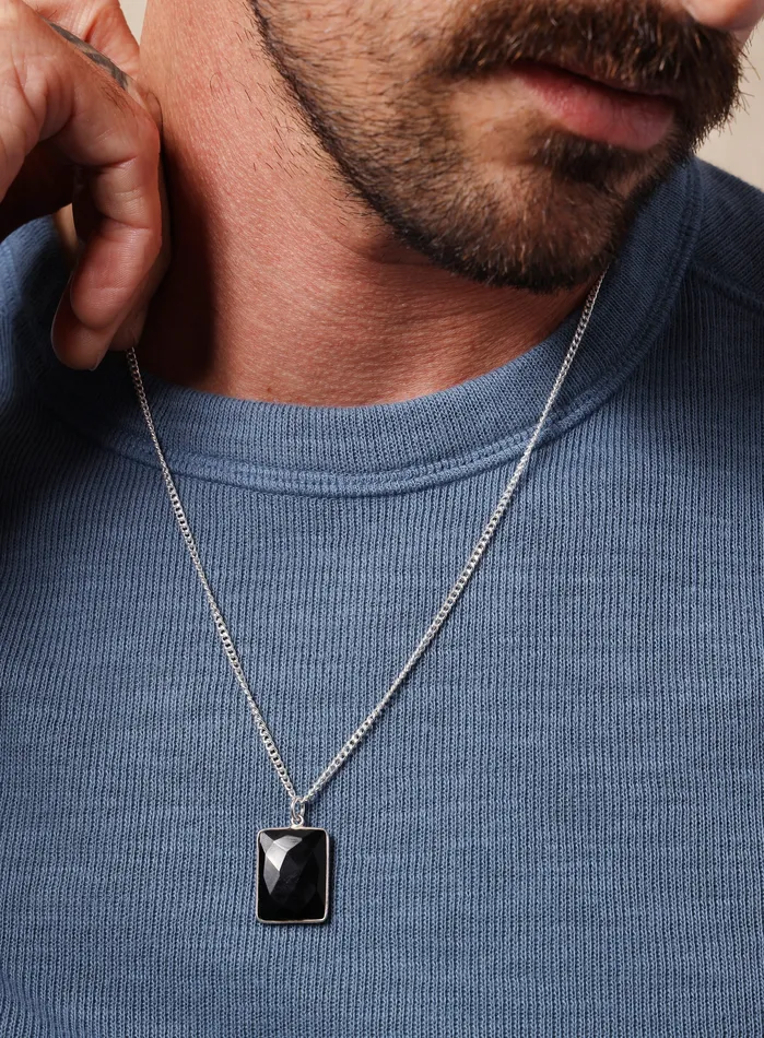 925 Sterling Silver Genuine Black Onyx Pendant Chain Necklace WE ARE ALL SMITH Mens Jewelry Clothing Necklaces