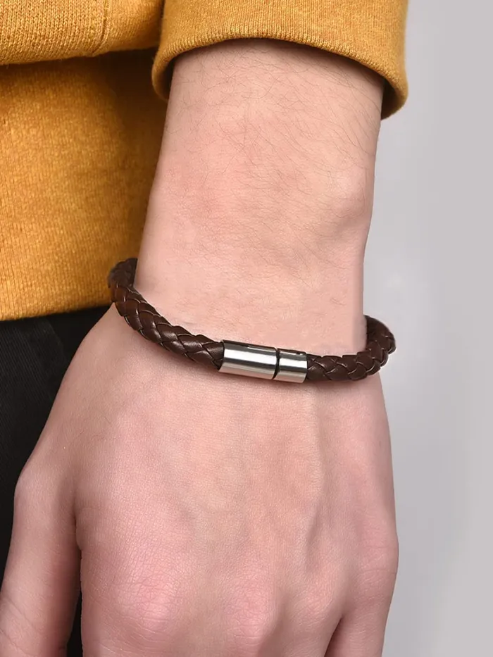 Bracelets Yellow Chimes Mens and Womens Leather Strand Base Metal Bracelet Brown Yellow Chimes