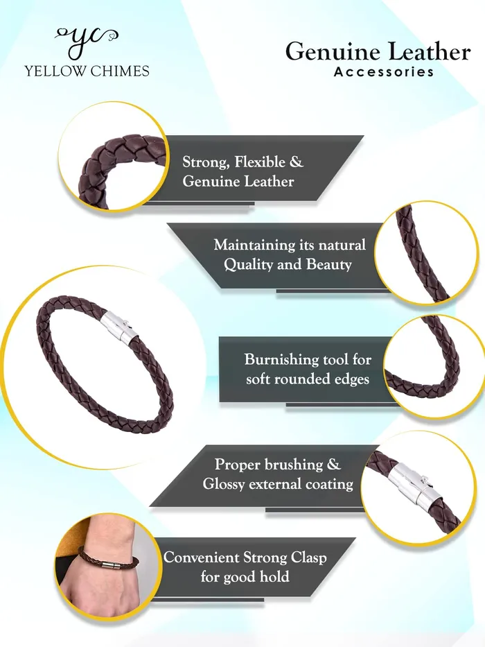 Bracelets Yellow Chimes Mens and Womens Leather Strand Base Metal Bracelet Brown Yellow Chimes