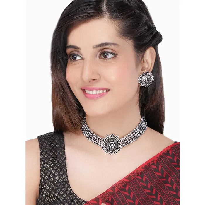 Bracelets Yellow Chimes Oxidised Silver Threaded Jewelry Beads Traditional Choker Necklace Set for Women and Girls silver oxidised medium YCTJNS48OXDFLWRSL Yellow Chimes