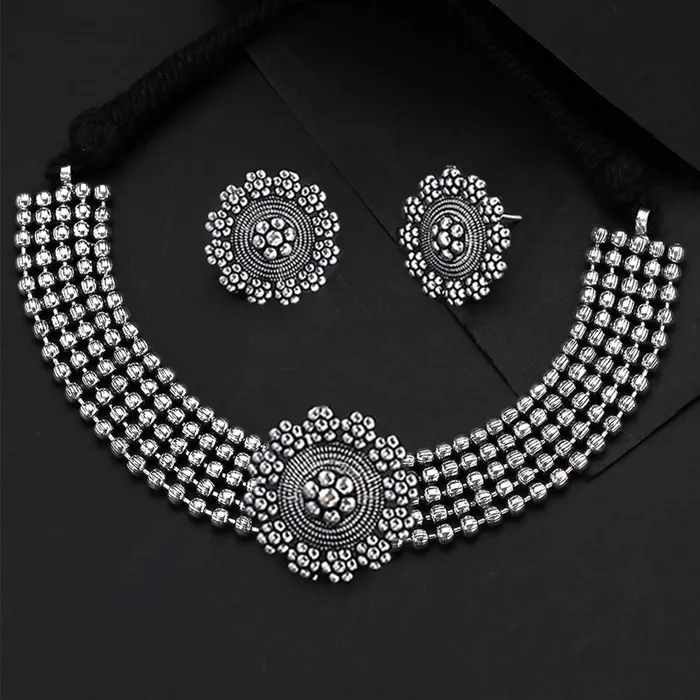 Bracelets Yellow Chimes Oxidised Silver Threaded Jewelry Beads Traditional Choker Necklace Set for Women and Girls silver oxidised medium YCTJNS48OXDFLWRSL Yellow Chimes