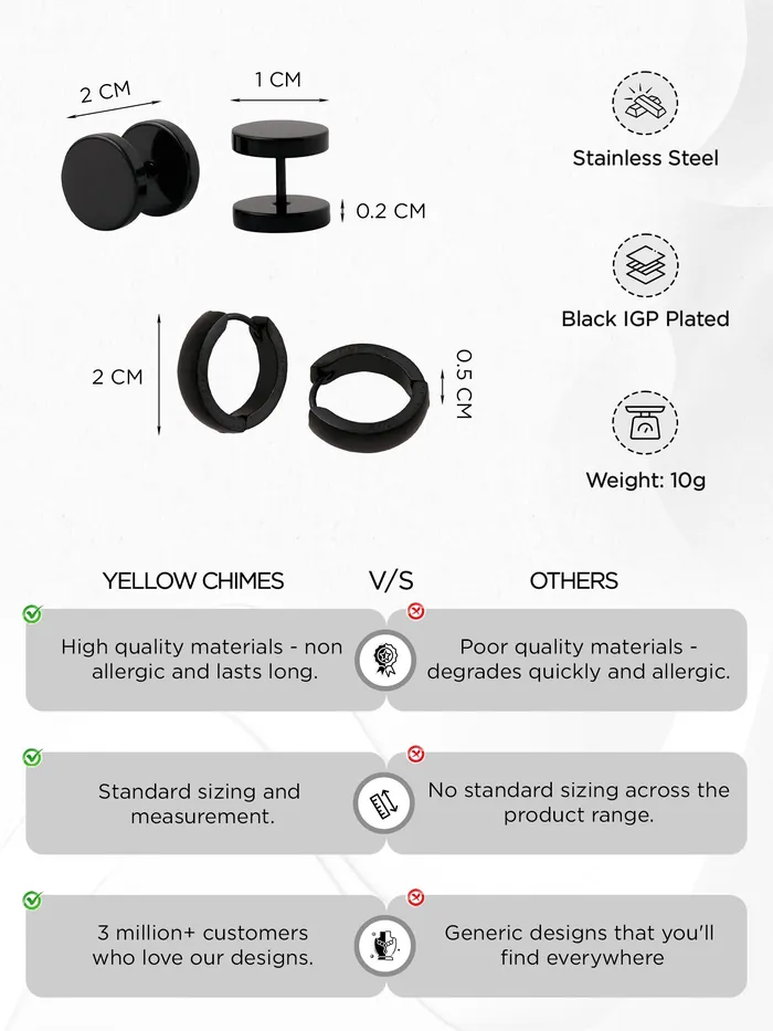 Bracelets Yellow Chimes Stud Earrings for Men Combo of 2 Pairs Stainless Steel Dumbbell Black Stud Hoops Earrings for Men and Women Yellow Chimes