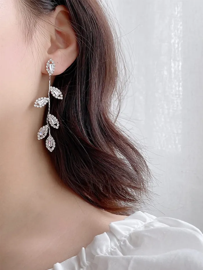 Bracelets Yellow Chimes Yellow Chimes Earrings For Women Silver Tone Elegant Leaf Designed Crystal Studded Linear Drop Dangler Earrings For Women and Girls