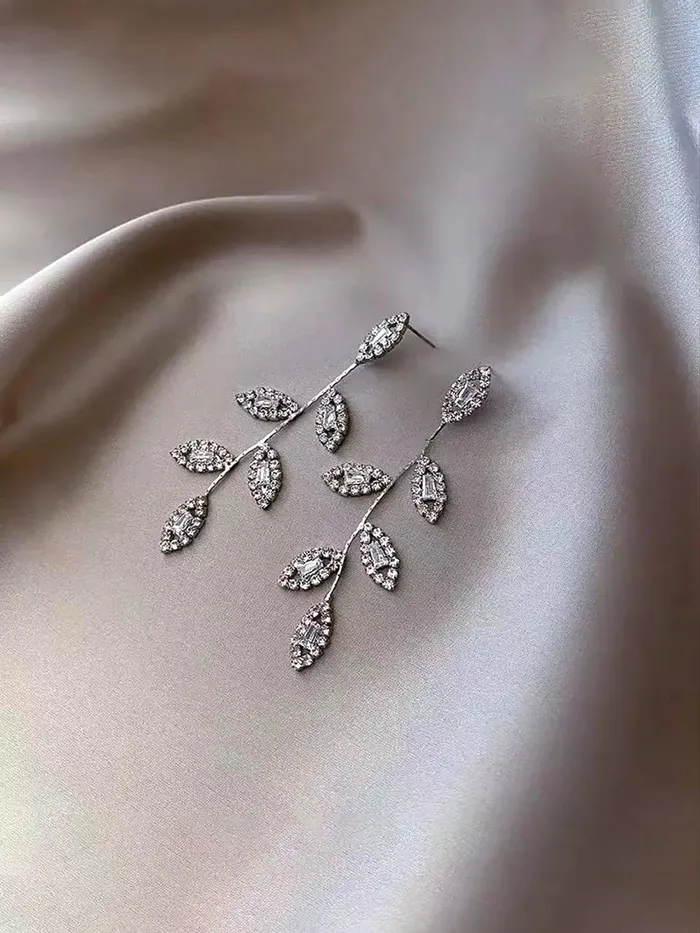 Bracelets Yellow Chimes Yellow Chimes Earrings For Women Silver Tone Elegant Leaf Designed Crystal Studded Linear Drop Dangler Earrings For Women and Girls