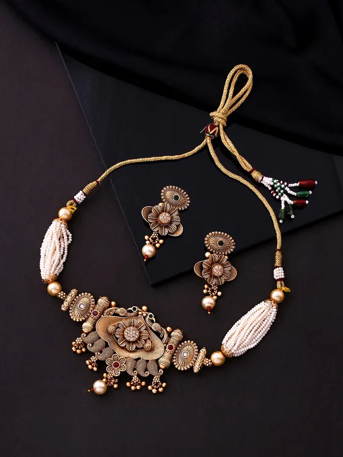 Bracelets Yellow Chimes Yellow Chimes Jewellery Set for Women Gold Toned Crystal Studded with Beads Peacock Designed Choker Necklace Set with Earrings for Women and Girls