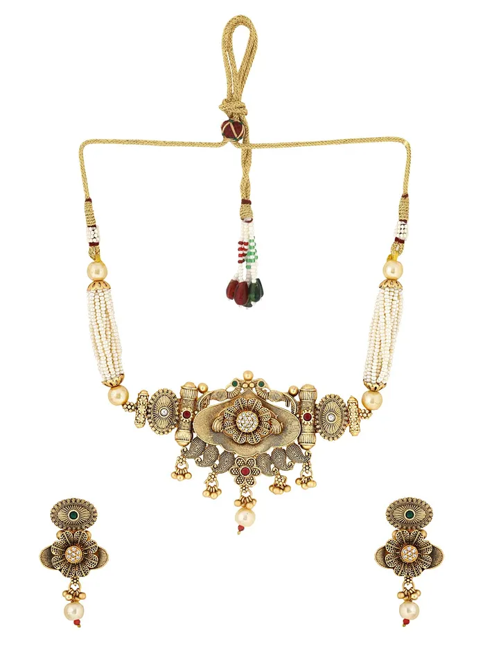 Bracelets Yellow Chimes Yellow Chimes Jewellery Set for Women Gold Toned Crystal Studded with Beads Peacock Designed Choker Necklace Set with Earrings for Women and Girls
