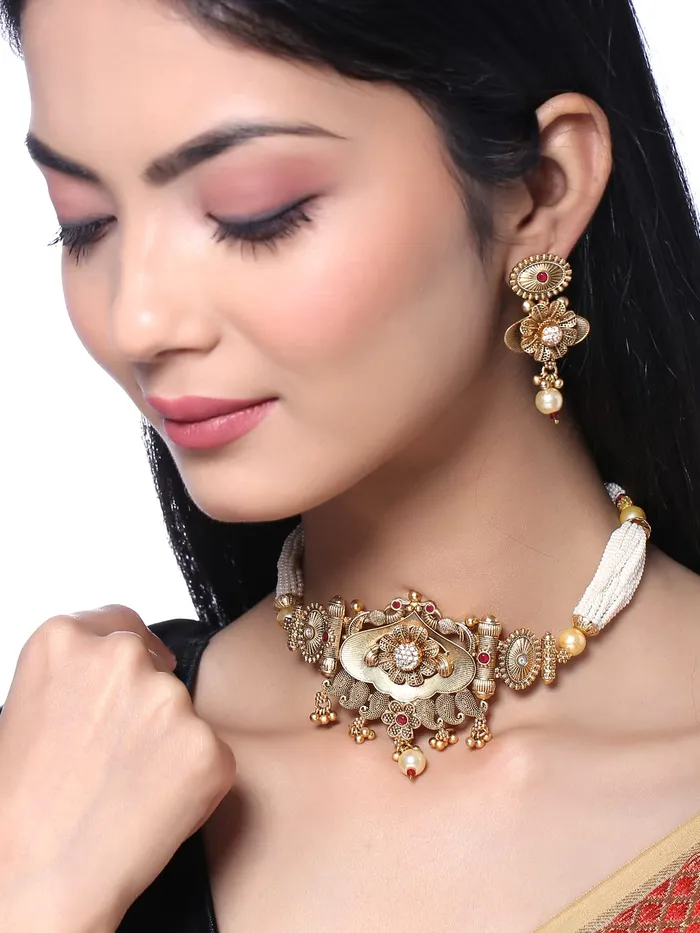 Bracelets Yellow Chimes Yellow Chimes Jewellery Set for Women Gold Toned Crystal Studded with Beads Peacock Designed Choker Necklace Set with Earrings for Women and Girls