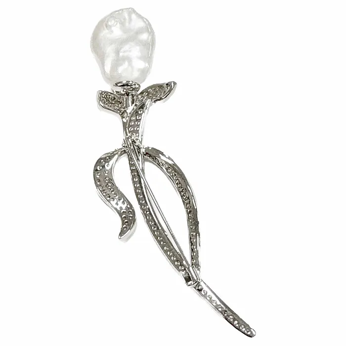 Brooch Pin Rhinestone Rose Stem Large Baroque Pearl Silver Plated JE Rings