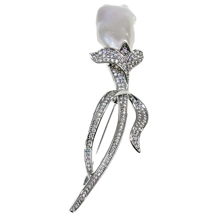 Brooch Pin Rhinestone Rose Stem Large Baroque Pearl Silver Plated JE Rings