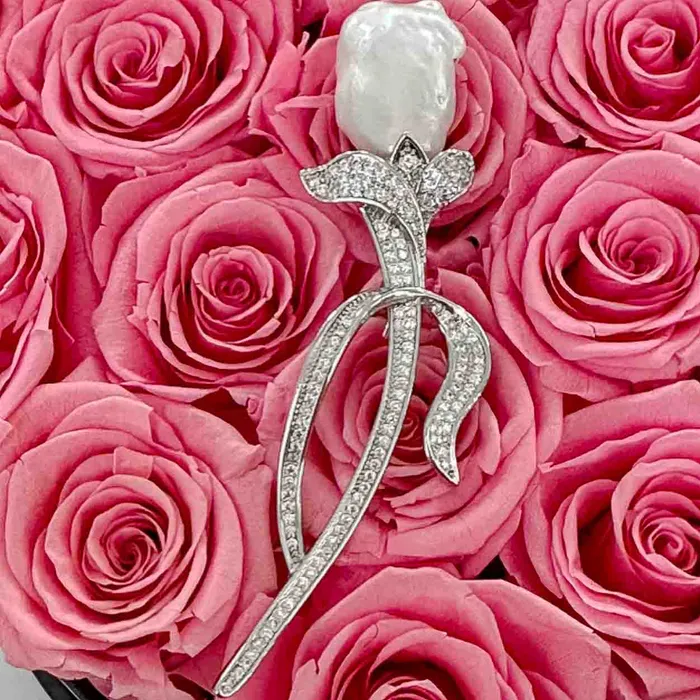 Brooch Pin Rhinestone Rose Stem Large Baroque Pearl Silver Plated JE Rings