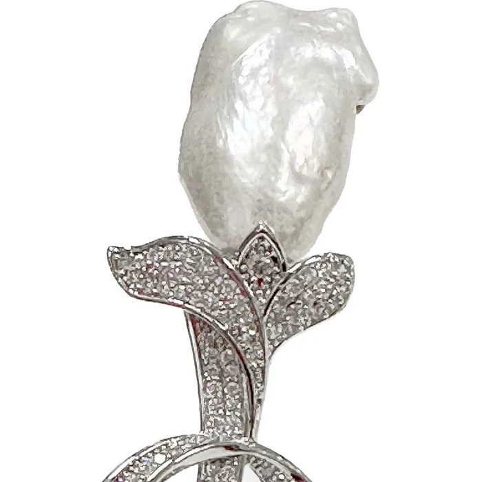 Brooch Pin Rhinestone Rose Stem Large Baroque Pearl Silver Plated JE Rings