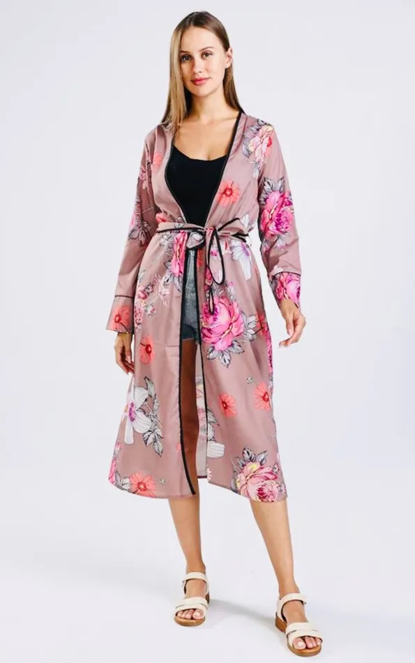 Candlewick Gift Shop Rings Taupe Pink Floral Kimono One Size