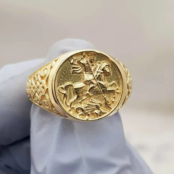 carre dor 14k 18k gold mens st george ring 1 Rings