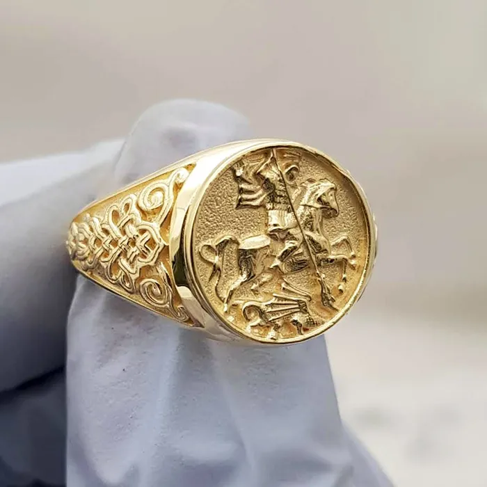 carre dor 14k 18k gold mens st george ring 1 Rings