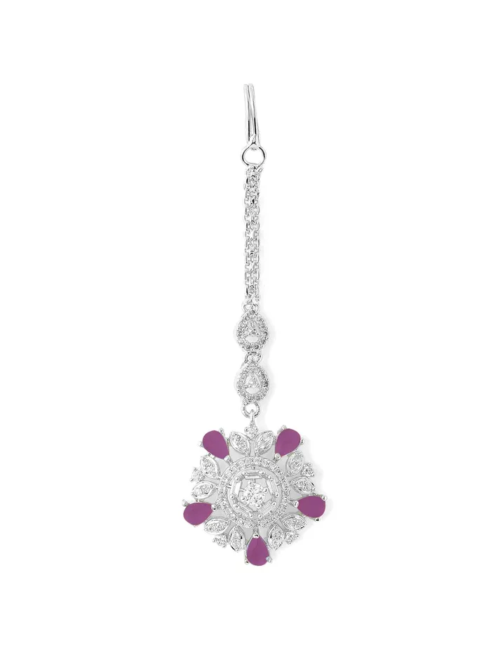 Earrings Yellow Chimes American Diamond Maang Tikka Silver Plated Luxury Pink Color Penta Shape Design For Women Girls Yellow Chimes