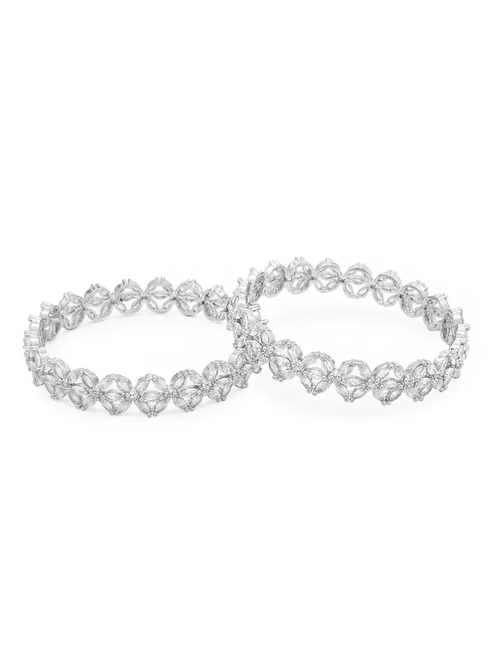 Earrings Yellow Chimes Bangles for Women Silver Toned White ADAmerican Diamond Studded Floral Designed 2 Pcs Set Bangles for Women and Girls Yellow Chimes
