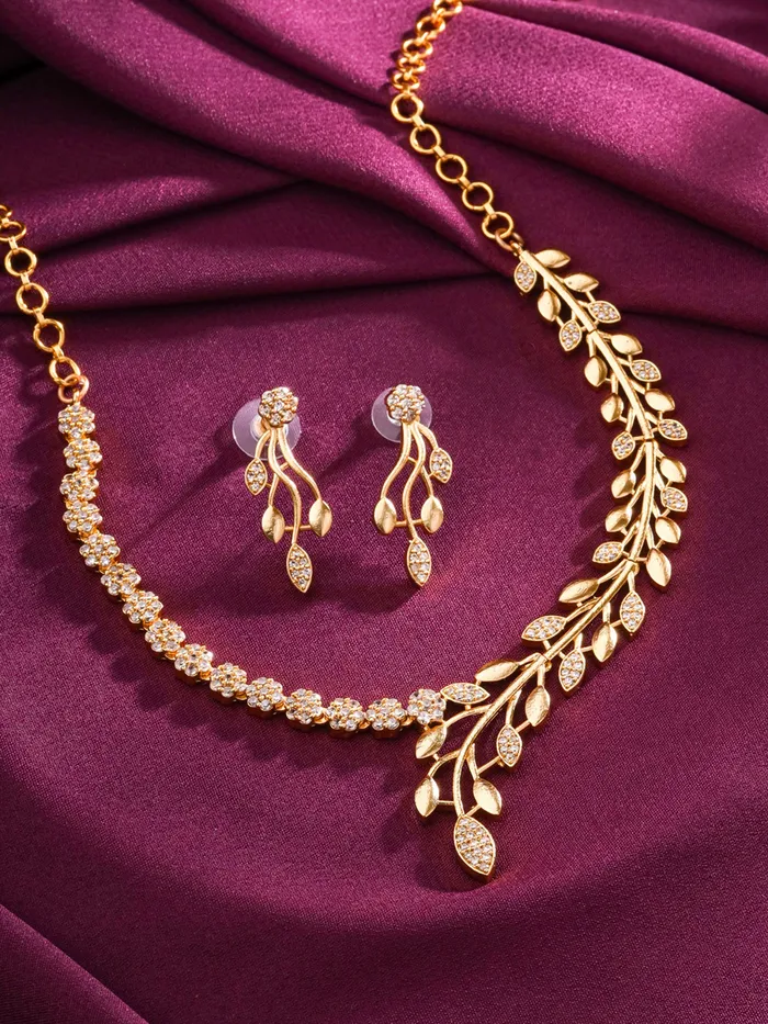 Earrings Yellow Chimes Diamond Necklace Set White Stone Gold Plated Jewelry Elegant Design One Size Gold