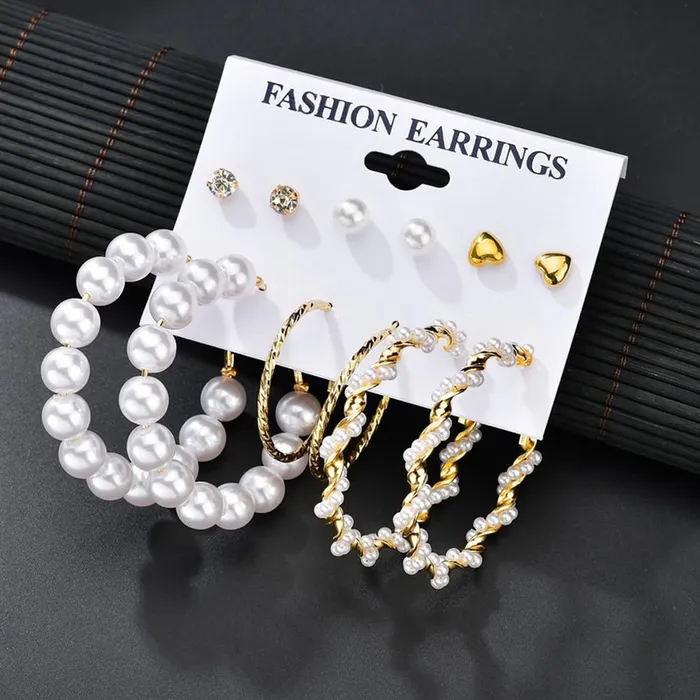 Earrings Yellow Chimes Earrings for Women and Girls Fashion White Pearl Hoops Set Gold Plated Combo of 12 Pairs Stud Hoop Earring Set Birthday Gift for girls and women Anniversary Gift for Wife Yellow Chimes