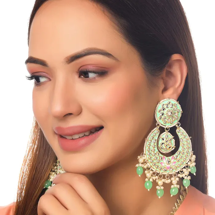 Earrings Yellow Chimes Earrings for Women and Girls Traditional Meenakari Chandbali Gold Toned Green Meenakari Chandbali Earrings Birthday Gift for girls and women Anniversary Gift for Wife Yellow Chimes