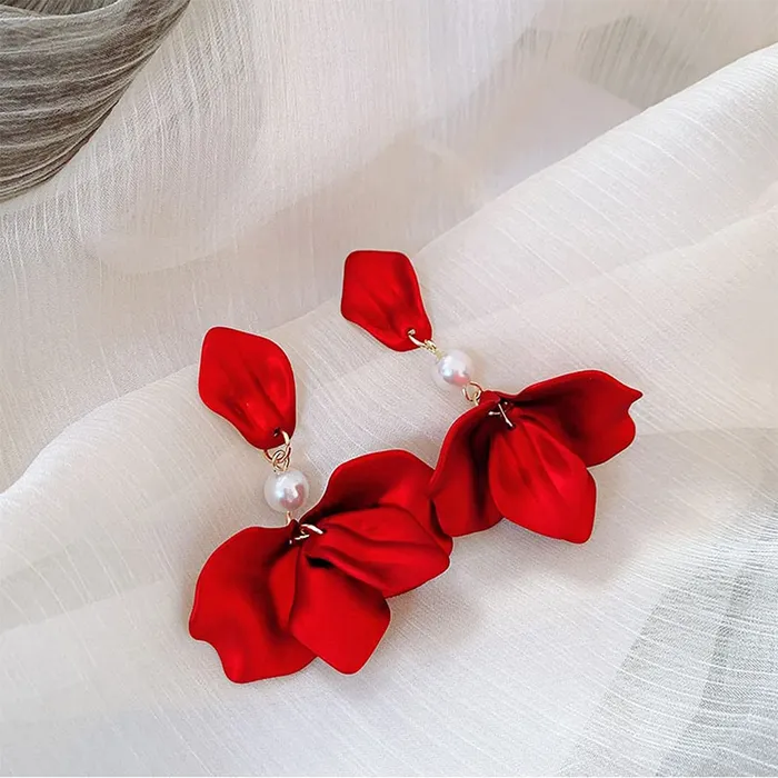 Earrings Yellow Chimes Floral Earrings for Women Gold Plated Metallic Red Colour Floral Petals Pearl Drop Earrings for Women and Girls Yellow Chimes