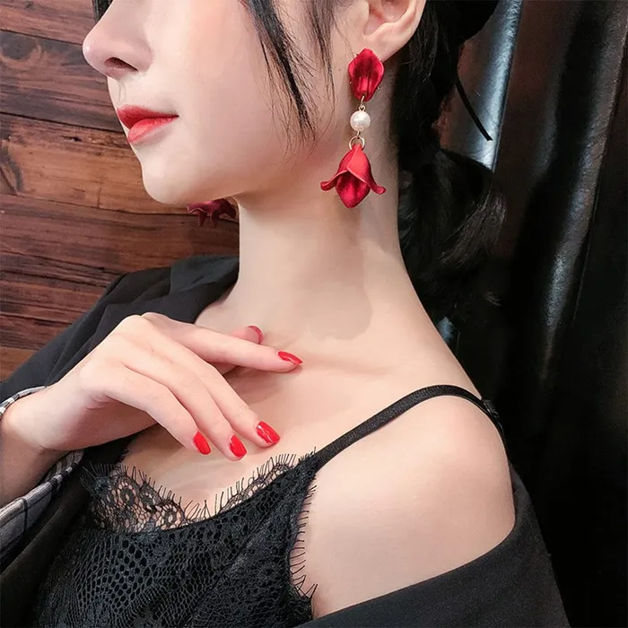 Earrings Yellow Chimes Floral Earrings for Women Gold Plated Metallic Red Colour Floral Petals Pearl Drop Earrings for Women and Girls Yellow Chimes