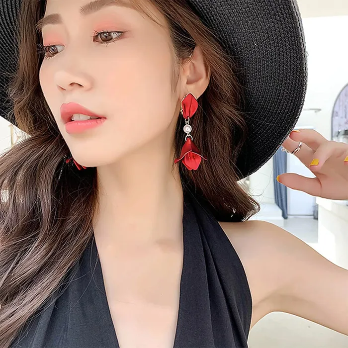 Earrings Yellow Chimes Floral Earrings for Women Gold Plated Metallic Red Colour Floral Petals Pearl Drop Earrings for Women and Girls Yellow Chimes