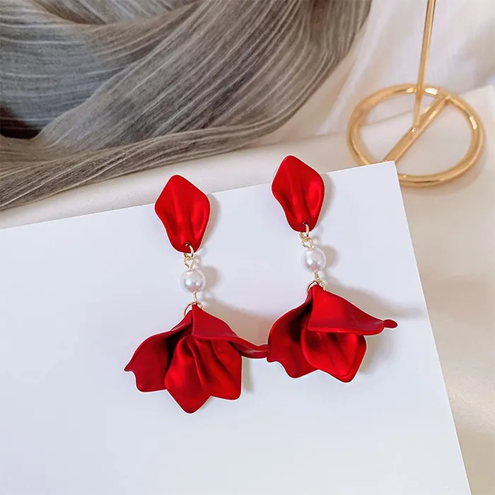 Earrings Yellow Chimes Floral Earrings for Women Gold Plated Metallic Red Colour Floral Petals Pearl Drop Earrings for Women and Girls Yellow Chimes