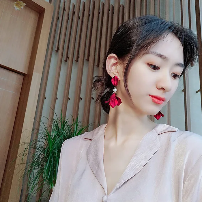 Earrings Yellow Chimes Floral Earrings for Women Gold Plated Metallic Red Colour Floral Petals Pearl Drop Earrings for Women and Girls Yellow Chimes