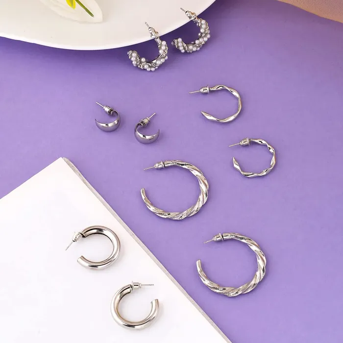 Earrings Yellow Chimes Hoop Earrings for Women Fashion Silver Hoops Earrings Rhodium Plated Combo of 5 Pairs Hoops Bali Earrings for Girls Birthday Gift for Girls Women Anniversary Gift for Wife Yellow Chimes