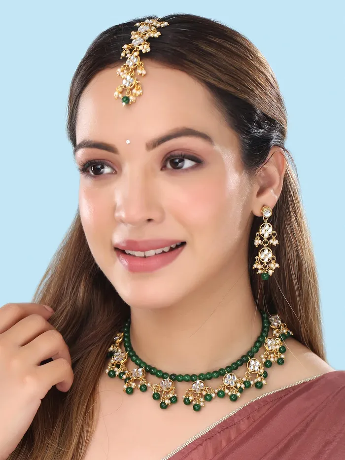 Earrings Yellow Chimes Jewellery Set for Women and Girls Kundan Necklace Set Gold Plated Green Maroon Beads Drop Kundan Necklace Set Birthday Gift for girls and women Anniversary Gift for Wife Yellow Chimes