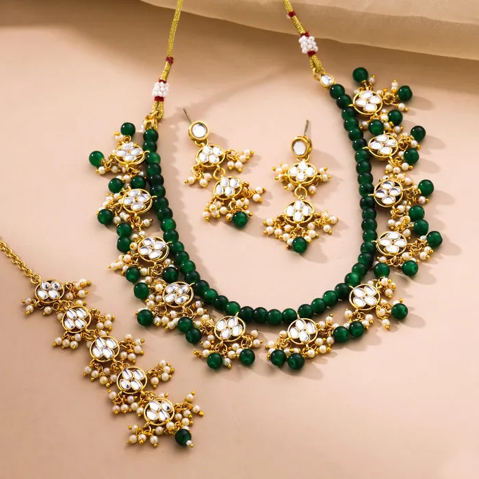 Earrings Yellow Chimes Jewellery Set for Women and Girls Kundan Necklace Set Gold Plated Green Maroon Beads Drop Kundan Necklace Set Birthday Gift for girls and women Anniversary Gift for Wife Yellow Chimes