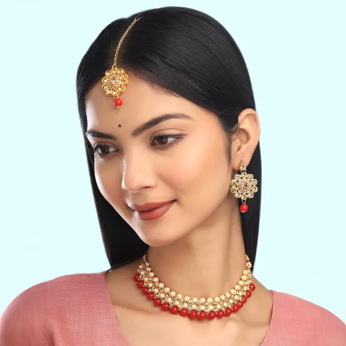 Earrings Yellow Chimes Jewellery Set for Women Traditional Red Kundan Beads Choker Necklace Set Eternal Classics Ethnic Gold Plated Choker Set for Girls Birthday Anniversary Gift for Women Wife Yellow Chimes