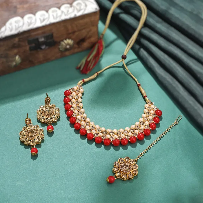 Earrings Yellow Chimes Jewellery Set for Women Traditional Red Kundan Beads Choker Necklace Set Eternal Classics Ethnic Gold Plated Choker Set for Girls Birthday Anniversary Gift for Women Wife Yellow Chimes