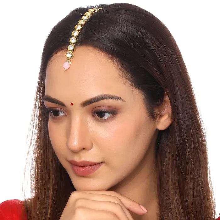 Earrings Yellow Chimes Maangtikka for Women Gold Toned Kundan Studded Single Line Designed Pink Pearl Drop Maangtikka for Women and Girls Yellow Chimes