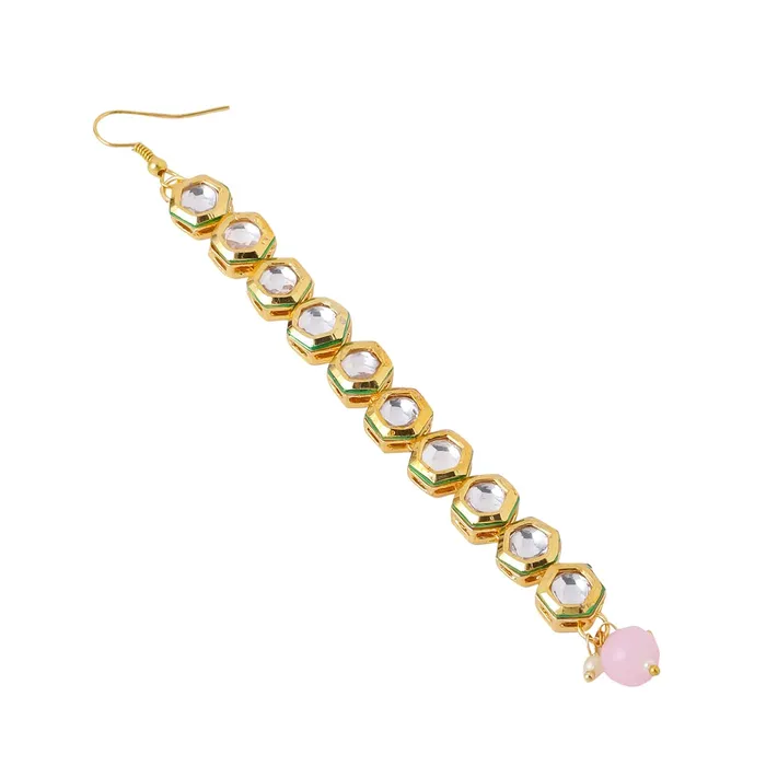 Earrings Yellow Chimes Maangtikka for Women Gold Toned Kundan Studded Single Line Designed Pink Pearl Drop Maangtikka for Women and Girls Yellow Chimes