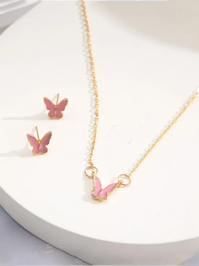 Earrings Yellow Chimes Necklace Set For Women Gold Tone Chain Pink Color Butterfly Charm Attached With Butterfly Shape Earrings For Women and Girls Yellow Chimes