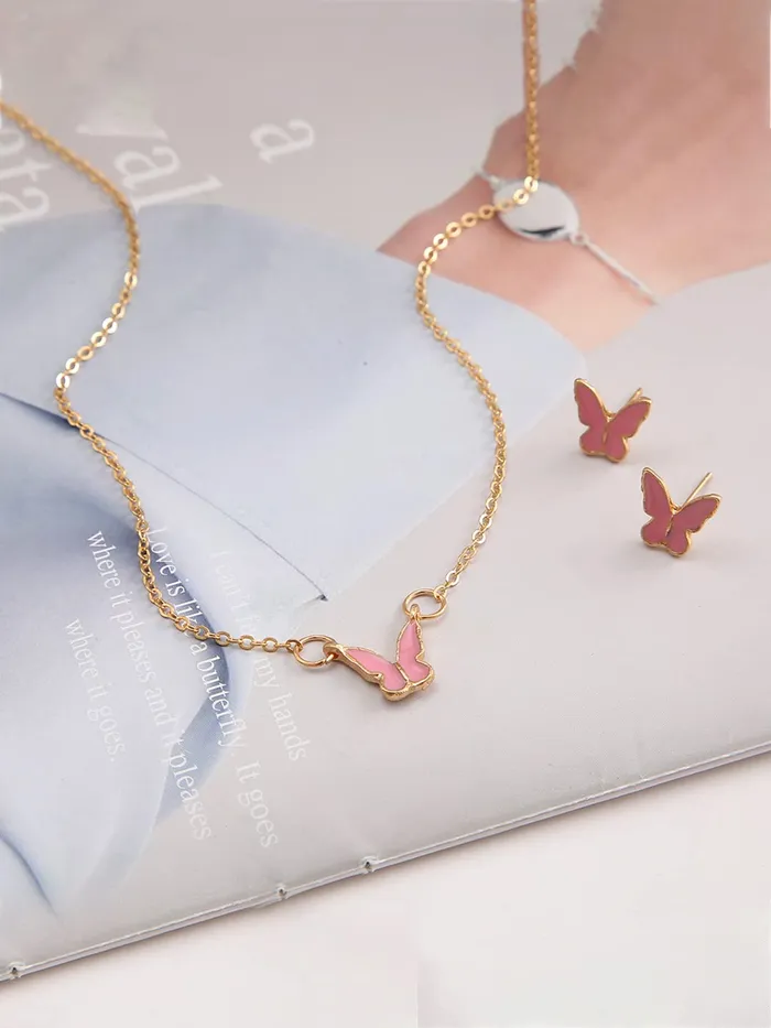 Earrings Yellow Chimes Necklace Set For Women Gold Tone Chain Pink Color Butterfly Charm Attached With Butterfly Shape Earrings For Women and Girls Yellow Chimes