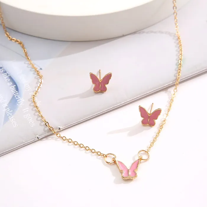 Earrings Yellow Chimes Necklace Set For Women Gold Tone Chain Pink Color Butterfly Charm Attached With Butterfly Shape Earrings For Women and Girls Yellow Chimes