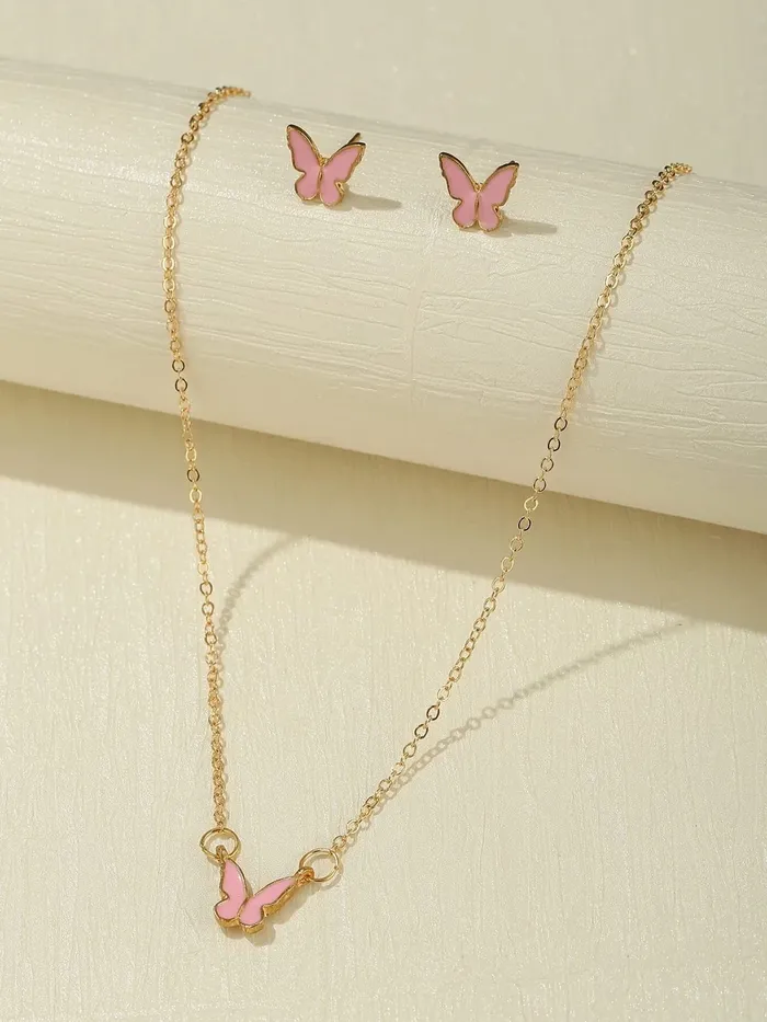 Earrings Yellow Chimes Necklace Set For Women Gold Tone Chain Pink Color Butterfly Charm Attached With Butterfly Shape Earrings For Women and Girls Yellow Chimes