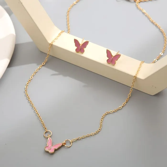 Earrings Yellow Chimes Necklace Set For Women Gold Tone Chain Pink Color Butterfly Charm Attached With Butterfly Shape Earrings For Women and Girls Yellow Chimes