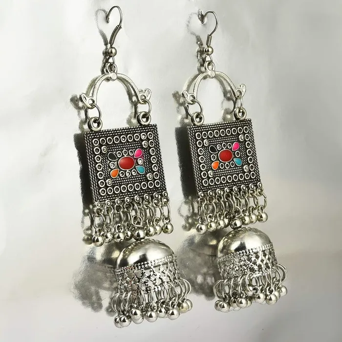 Earrings Yellow Chimes Oxidised Silver Chandbali Earrings for Women Traditional Jhumka One Size Oxidised Silver
