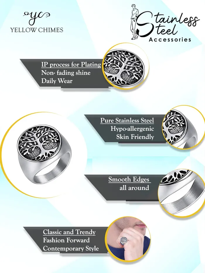 Earrings Yellow Chimes Rings for Men and Boys Silver Rings for Men Tree Signet Shaped Stainless Steel Rings for Men Birthday Gift for Men and Boys Anniversary Gift for Husband Yellow Chimes