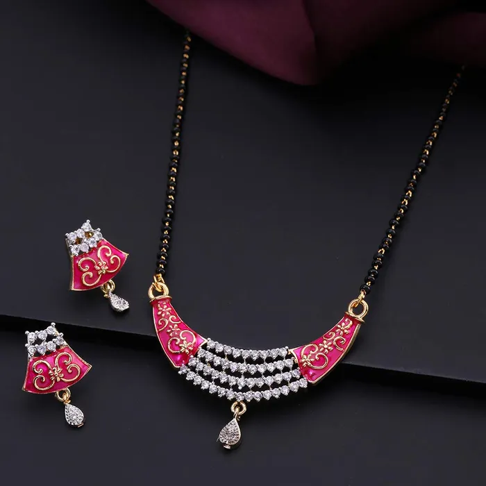 Earrings Yellow Chimes Sparkling ADAmerican Diamond Studded Ethnic Traditional Black Beads Meenakari Touch Designer Mangalsutra Pendant Set with Earrings for Women Yellow Chimes