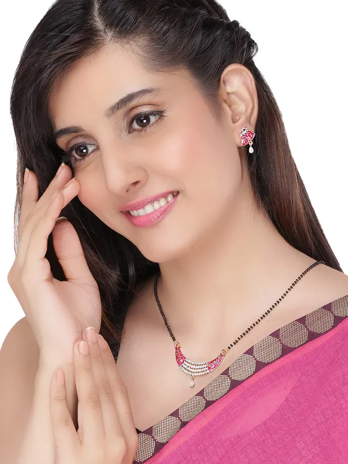 Earrings Yellow Chimes Sparkling ADAmerican Diamond Studded Ethnic Traditional Black Beads Meenakari Touch Designer Mangalsutra Pendant Set with Earrings for Women Yellow Chimes