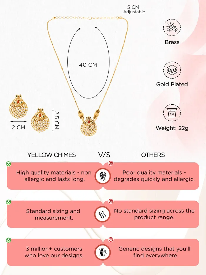 Earrings Yellow Chimes Traditional South Indian Jewellery Set Gold Plated Pearl Necklace with Earrings One Size Gold