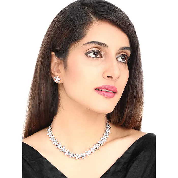 Earrings Yellow Chimes Yellow Chimes American Diamond Necklace Set For Women White Stone Silver Jewellery Set For Women Floral Shaped Diamond Necklace Set Birthday Gift for Girls Anniversary Gift for Wife