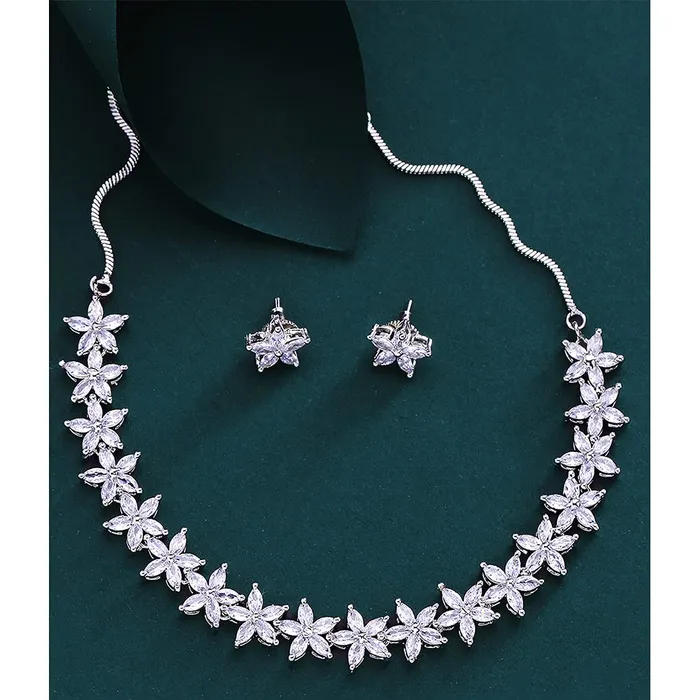 Earrings Yellow Chimes Yellow Chimes American Diamond Necklace Set For Women White Stone Silver Jewellery Set For Women Floral Shaped Diamond Necklace Set Birthday Gift for Girls Anniversary Gift for Wife