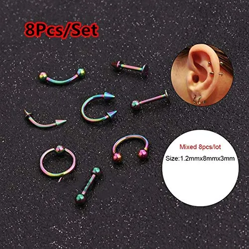 Earrings Yellow Chimes Yellow Chimes Body Piercing Jewelry for Unisex 8 pcs Set Helix Body Piercing Ear Eyebrow Nose Lip Stainless Steel Cartilage Body Jewelry for Women and Men