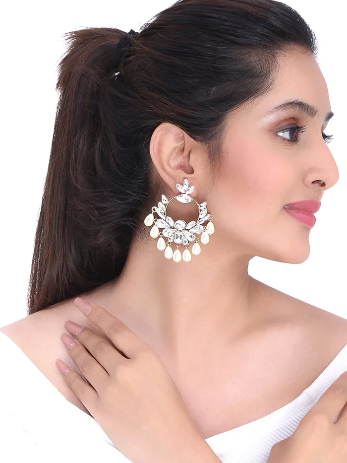 Earrings Yellow Chimes Yellow Chimes Chandbali Earrings for Women Ethnic Studded Stones Beads Traditional White Chandbali Earrings for Women and Girls
