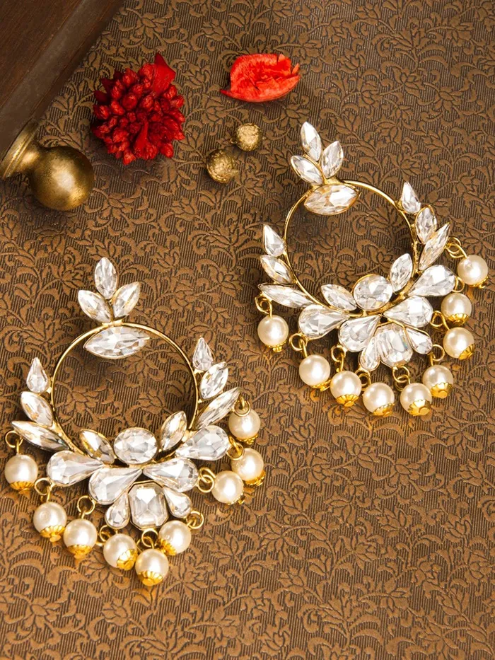 Earrings Yellow Chimes Yellow Chimes Chandbali Earrings for Women Ethnic Studded Stones Beads Traditional White Chandbali Earrings for Women and Girls